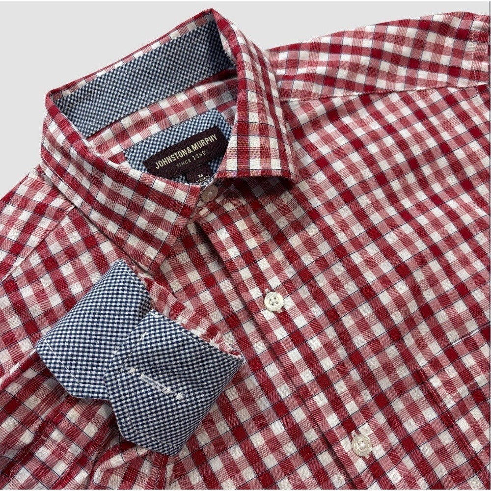Johnston & Murphy Men's M Gingham Check Long Sleeve Button Up Shirt Flip Cuff